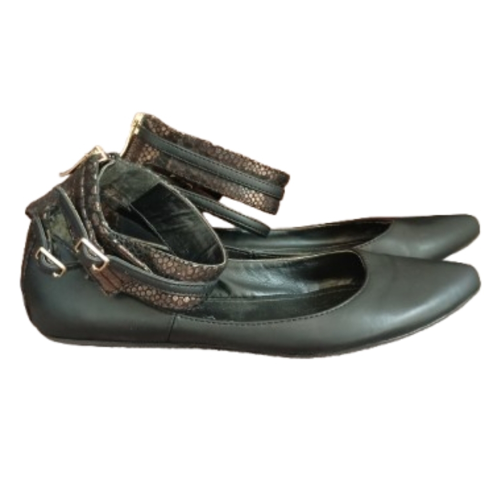 BCBG Paris Black Cushion Flats With Back Zipper And Ankle Straps